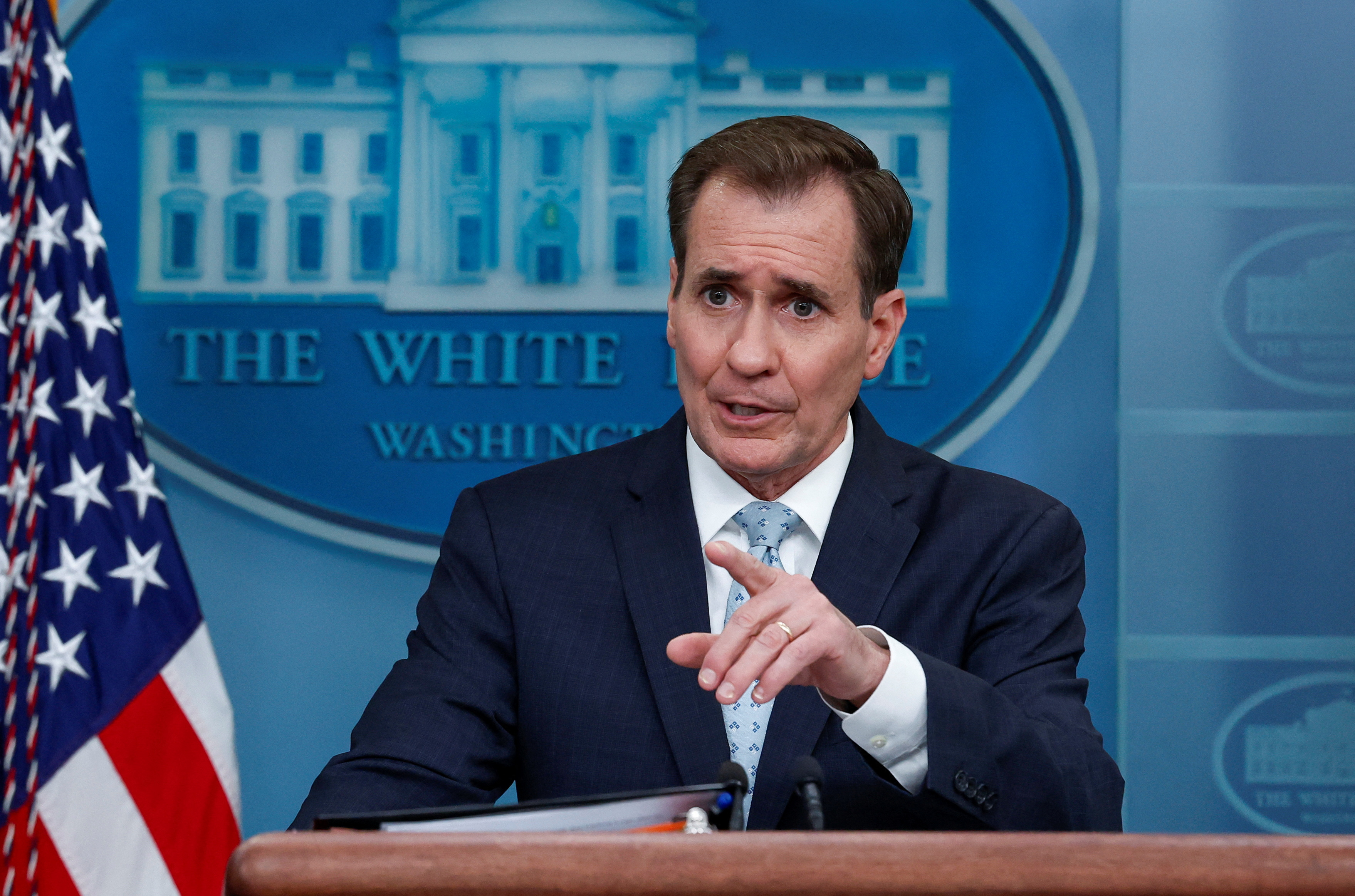 John Kirby, National Security Council Coordinator for Strategic Communications, answers questions during the daily press briefing at the White House in Washington, U.S., February 13, 2023. REUTERS/Evelyn Hockstein