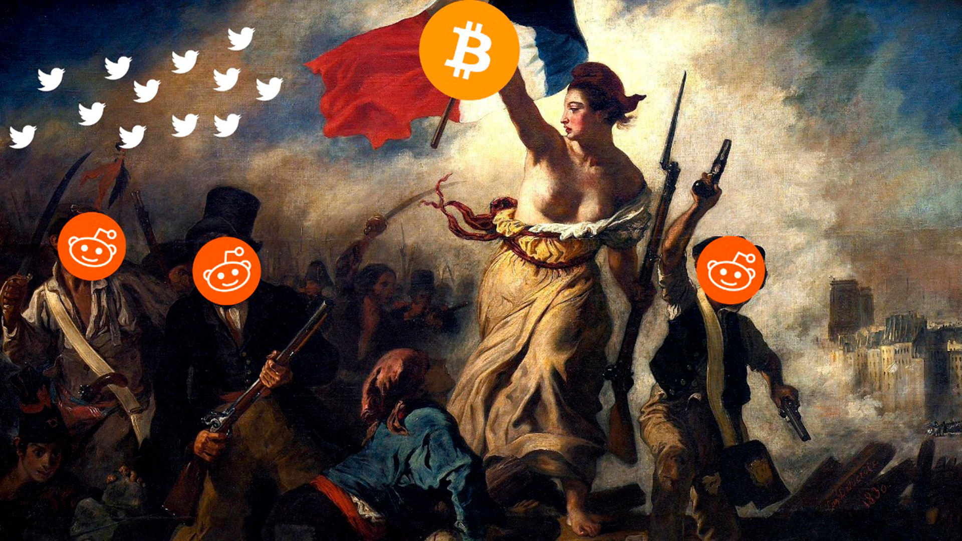 "La Libertad guiando al pueblo", el cuadro de Eugène Delacroix intervenido con bitcoin, Twitter y Reddit (@mbeaudroit)