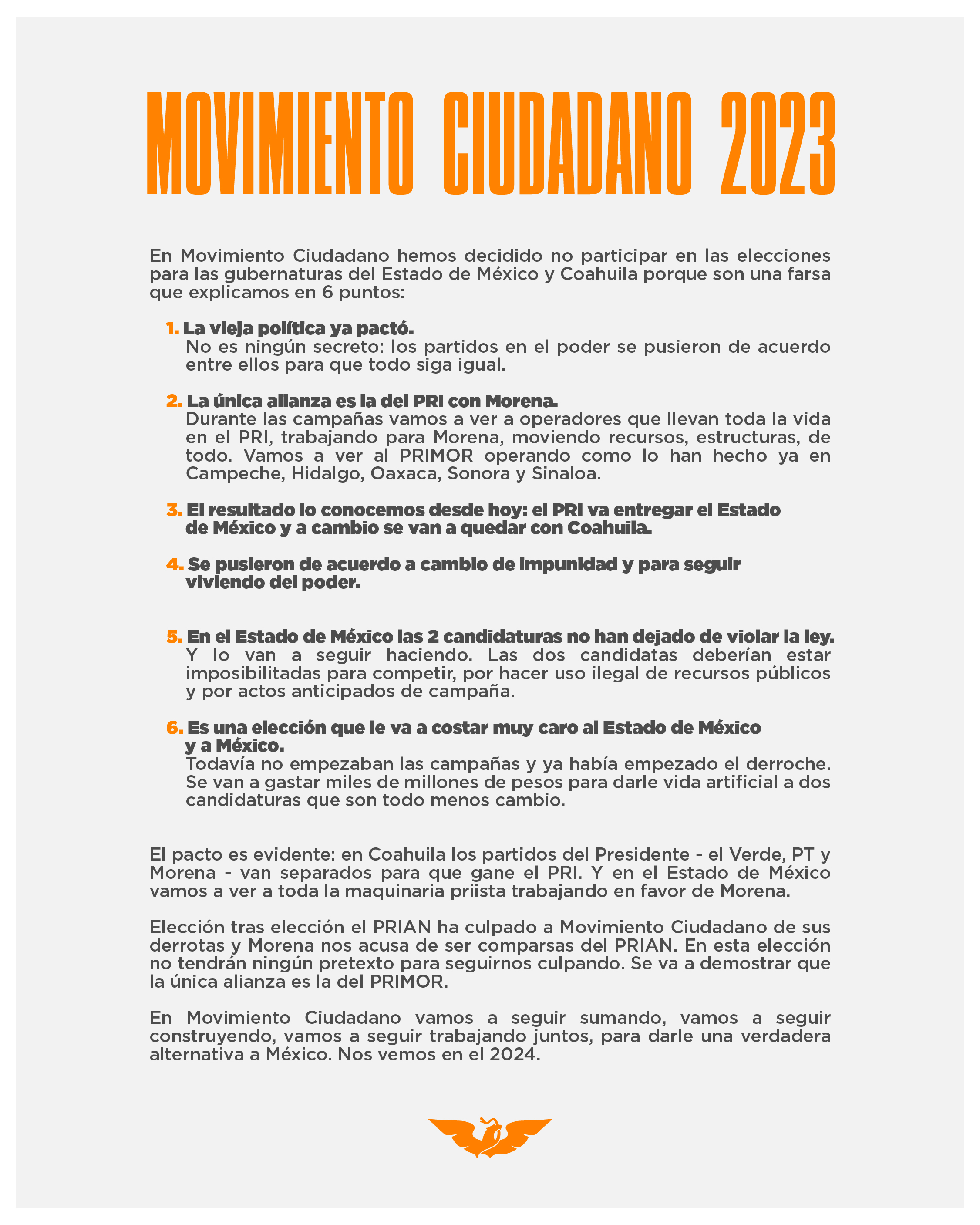 La bancada confirmó que no participará en las elecciones gubernamentales de Edomex y Coahuila 2023 (Movimiento Ciudadano)