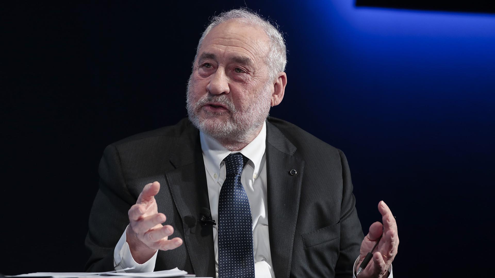 Joseph Stiglitz, economics professor at Columbia University, gestures as he speaks during a panel session on day three of the World Economic Forum (WEF) in Davos, Switzerland.