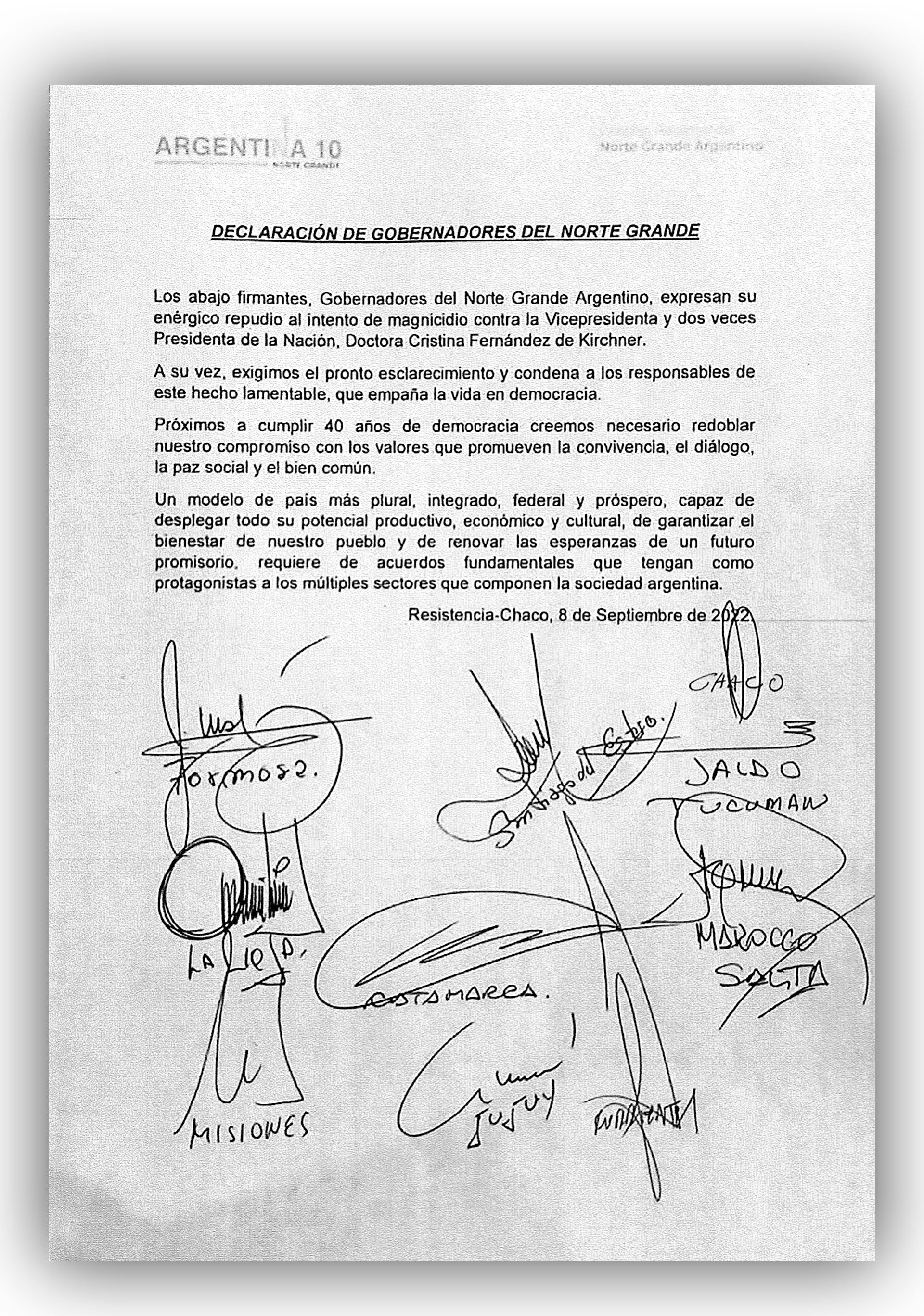 El texto que firmaron los gobernadores