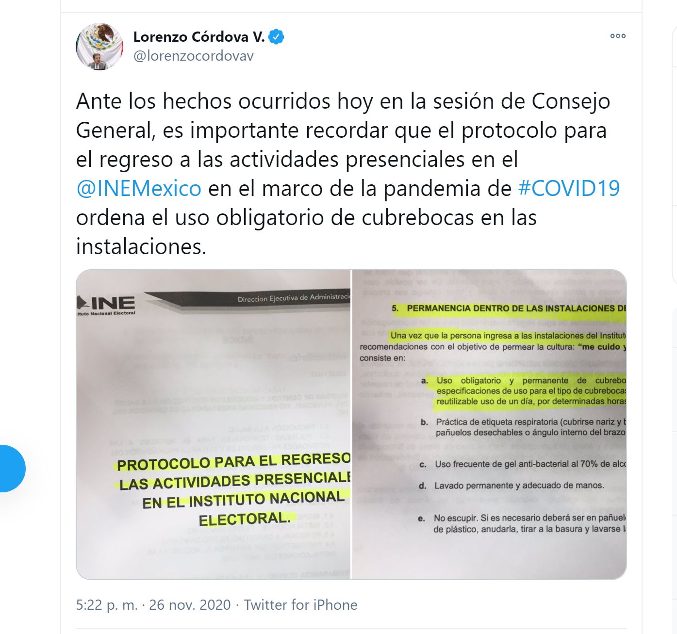 El consejero presidente del INE aseguró que hará cumplir los reglamentos sanitarios (Foto: Twitter / @lorenzocordovav)