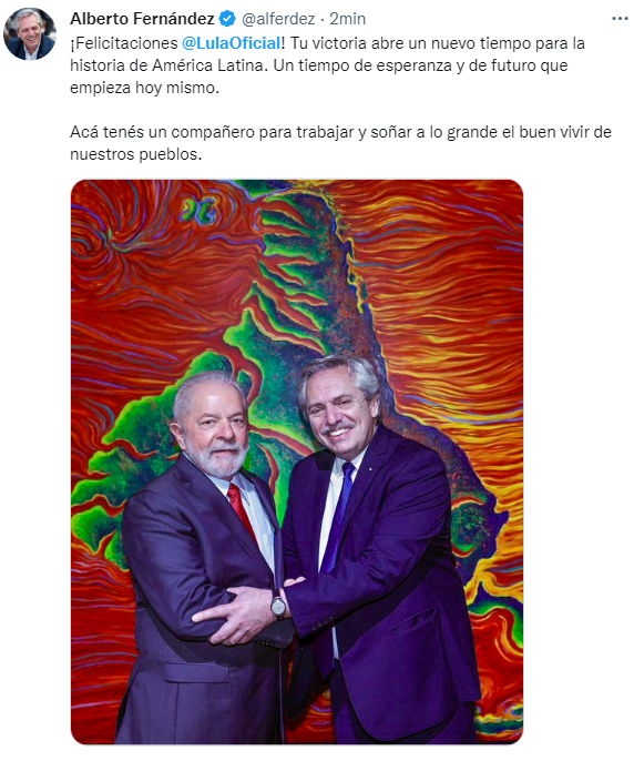 El mensaje en Twitter de Alberto Fernández para Lula, una vez que se conoció su triunfo en Brasil.