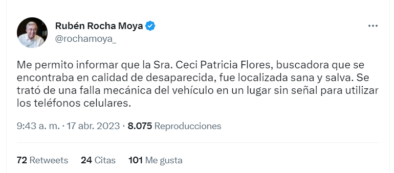 El gobernador de Sonora también confirmó la localización en su cuenta de Twitter (Foto: Twitter)