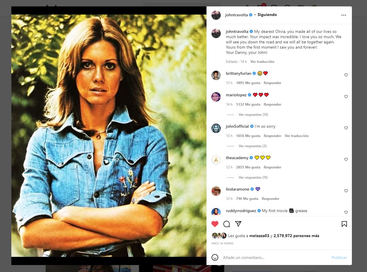 John Travolta y su conmovedora publicación sobre la muerte de Olivia Newton-John (Instagram)
