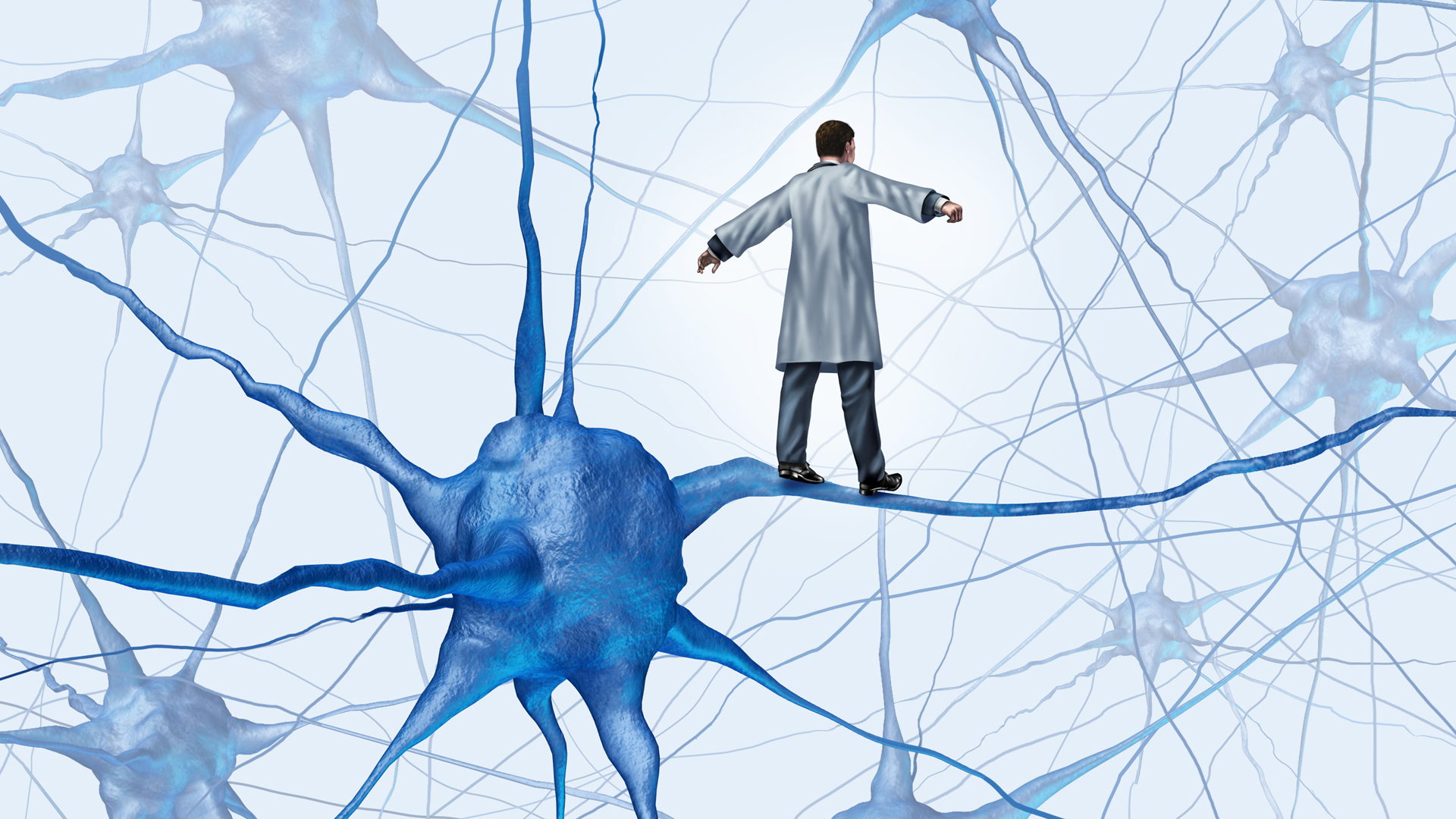 Brain research challenges as a medical concept with a science doctor walking on a human neuron connection as a highwire tight rope metaphor through a maze of neurons as an icon of finding a cure for autism alzheimers and dementia.
