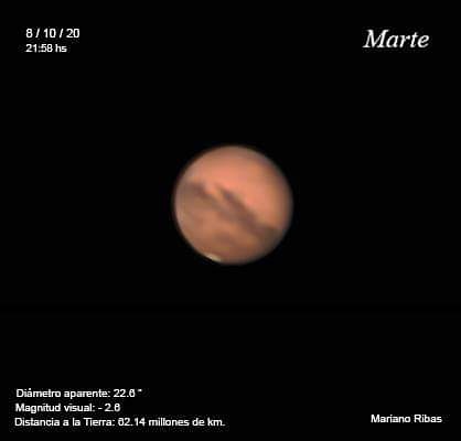 Marte en todo su esplendor en una foto del licenciado Mariano Ribas, jefe de Divulgación Científica del Planetario de la Ciudad de Buenos Aires, tomada el 8 de octubre 