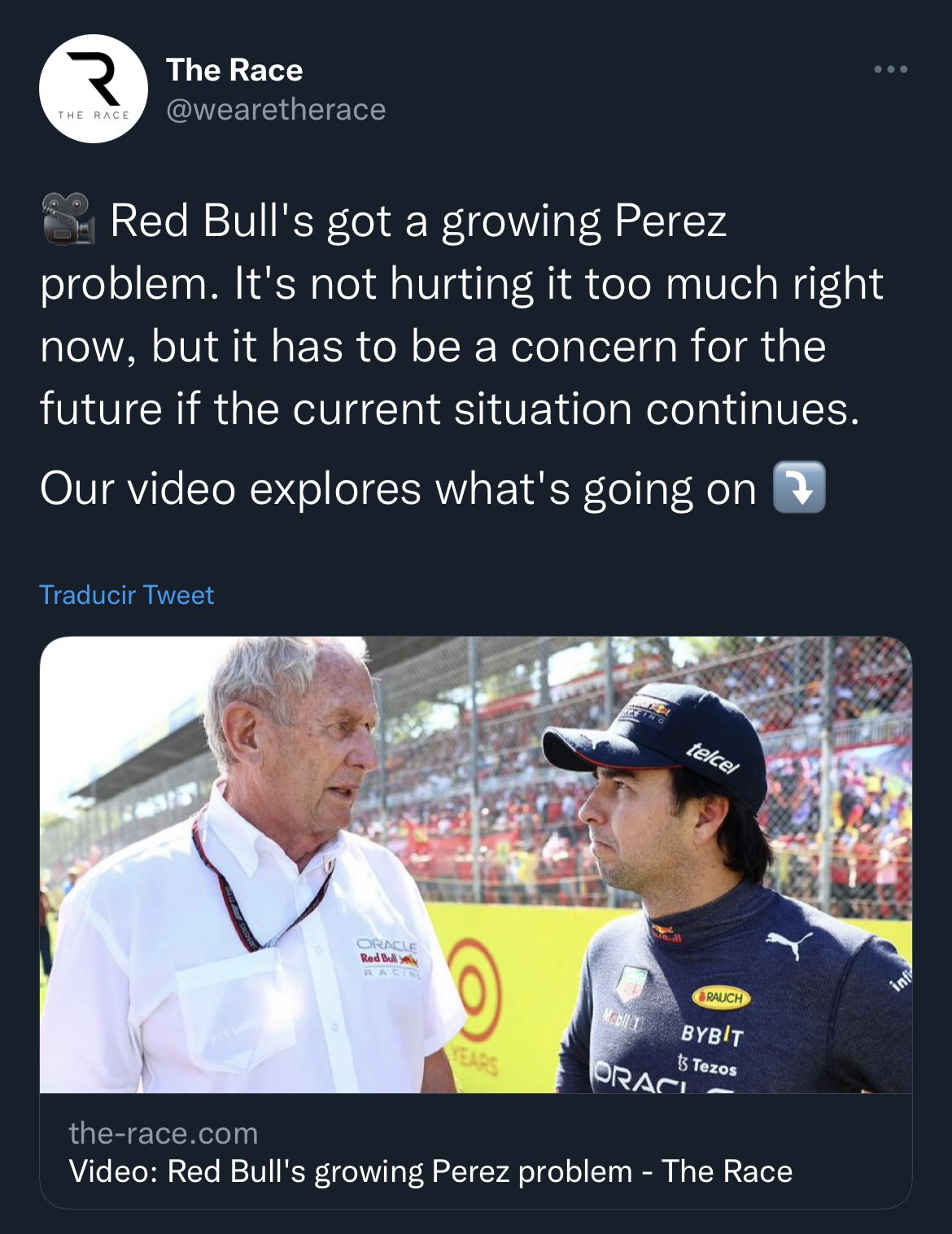 "Red Bull tiene un problema creciente con Pérez. No le duele demasiado ahora, pero tiene que ser una preocupación para el futuro si la situación actual continúa. Nuestro video explora lo que está pasando". Foto: @wearetherace