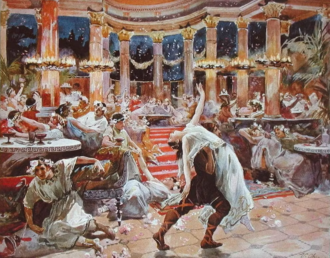 Banquete en el palacio de Nerón, dibujo de Ulpiano Checa y Sanz (ilustración para la novela Quo vadis de Henryk Sienkiewicz), hacia 1910. Wikimedia