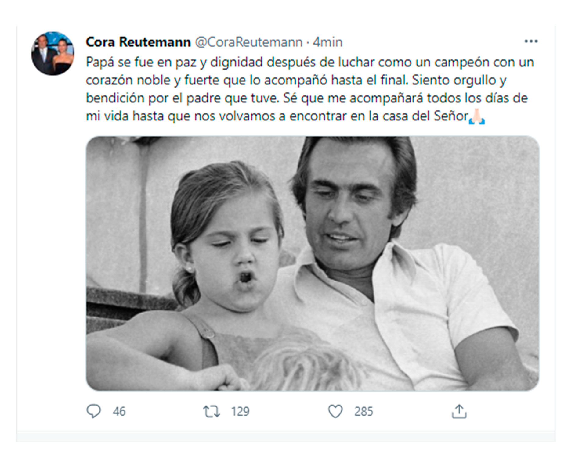Cora Reutemann confirmó la muerte de su padre a través de su cuenta en Twitter (@CoraReutemann)