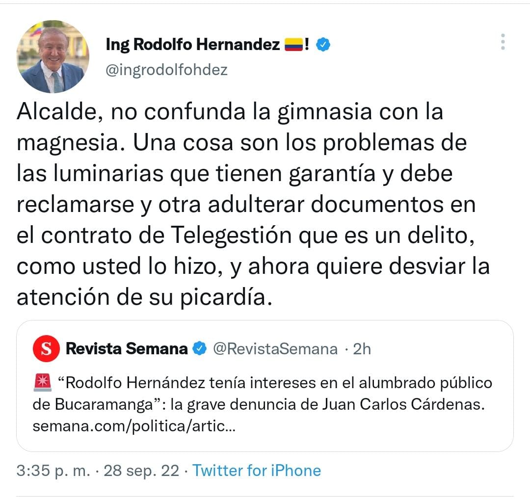 Respuesta de Hernández en su cuenta de Twitter a las acusaciones de Cárdenas