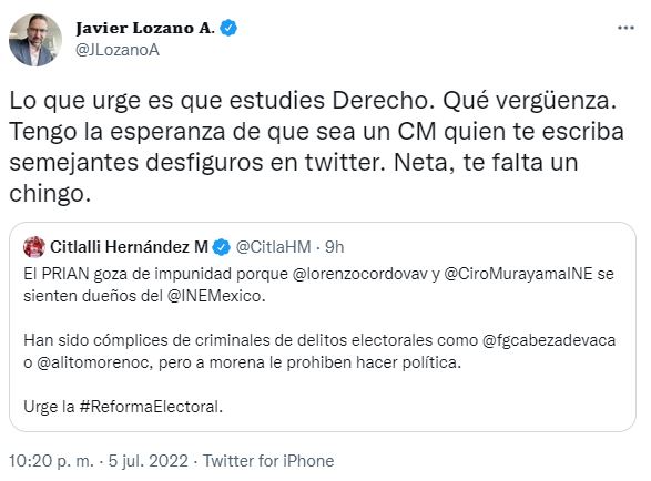 Javier Lozano reaccionó a la crítica de Citlalli Hernández hacia el órgano electoral (Foto: Twitter)
