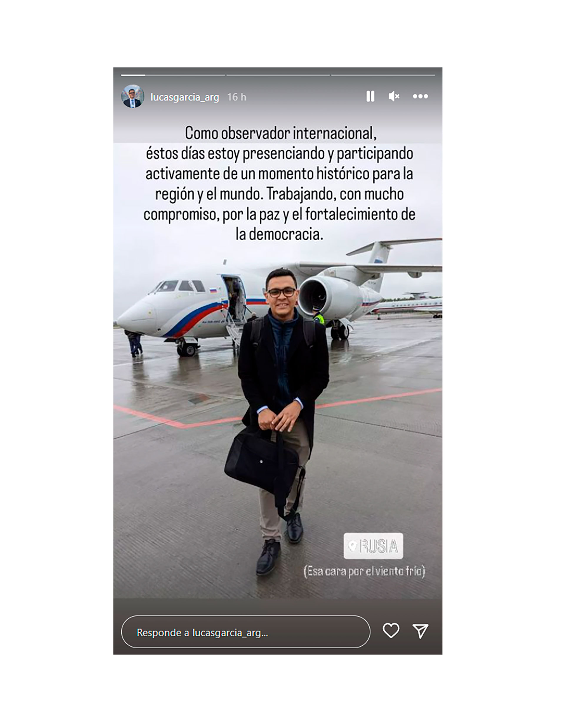 Lucas García al llegar a Rusia, según publicó en su cuenta de Instagram (@lucasgarcia_arg)