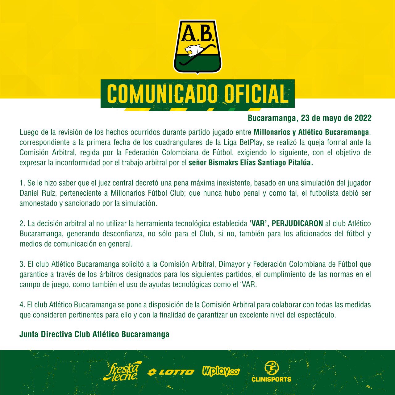 Atlético Bucaramanga se quejó del arbitraje contra Millonarios por "simulación" de Daniel Ruiz