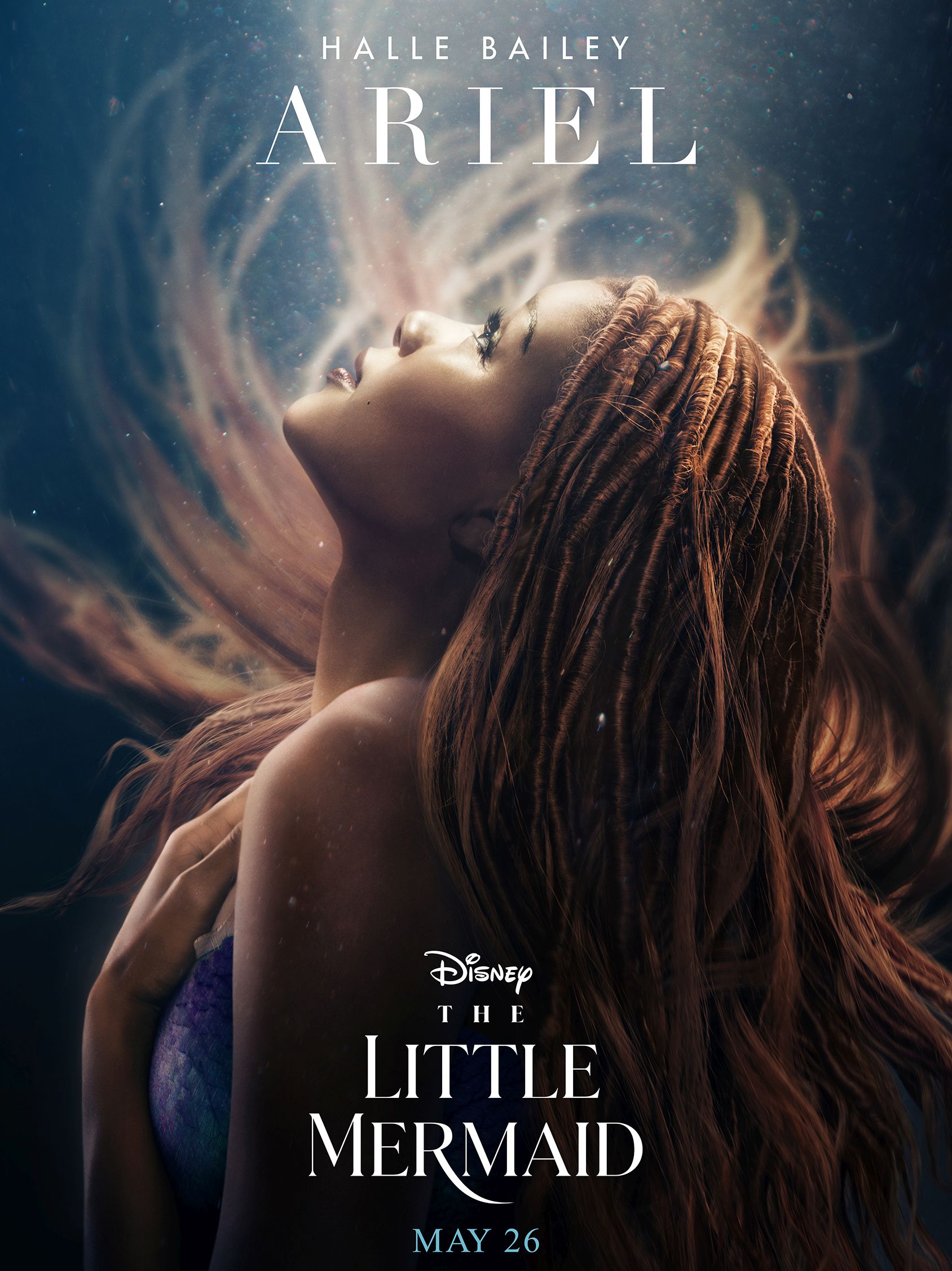 Cartel promocional de "La Sirenita", en el que se ven las rastas de Halle Bailey alteradas para la película. (Disney)