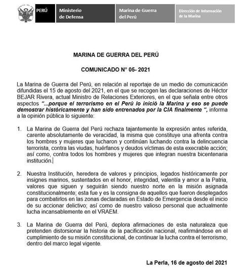Marina de Guerra rechazó declaraciones de Héctor Béjar sobre el inicio del terrorismo en el Perú.