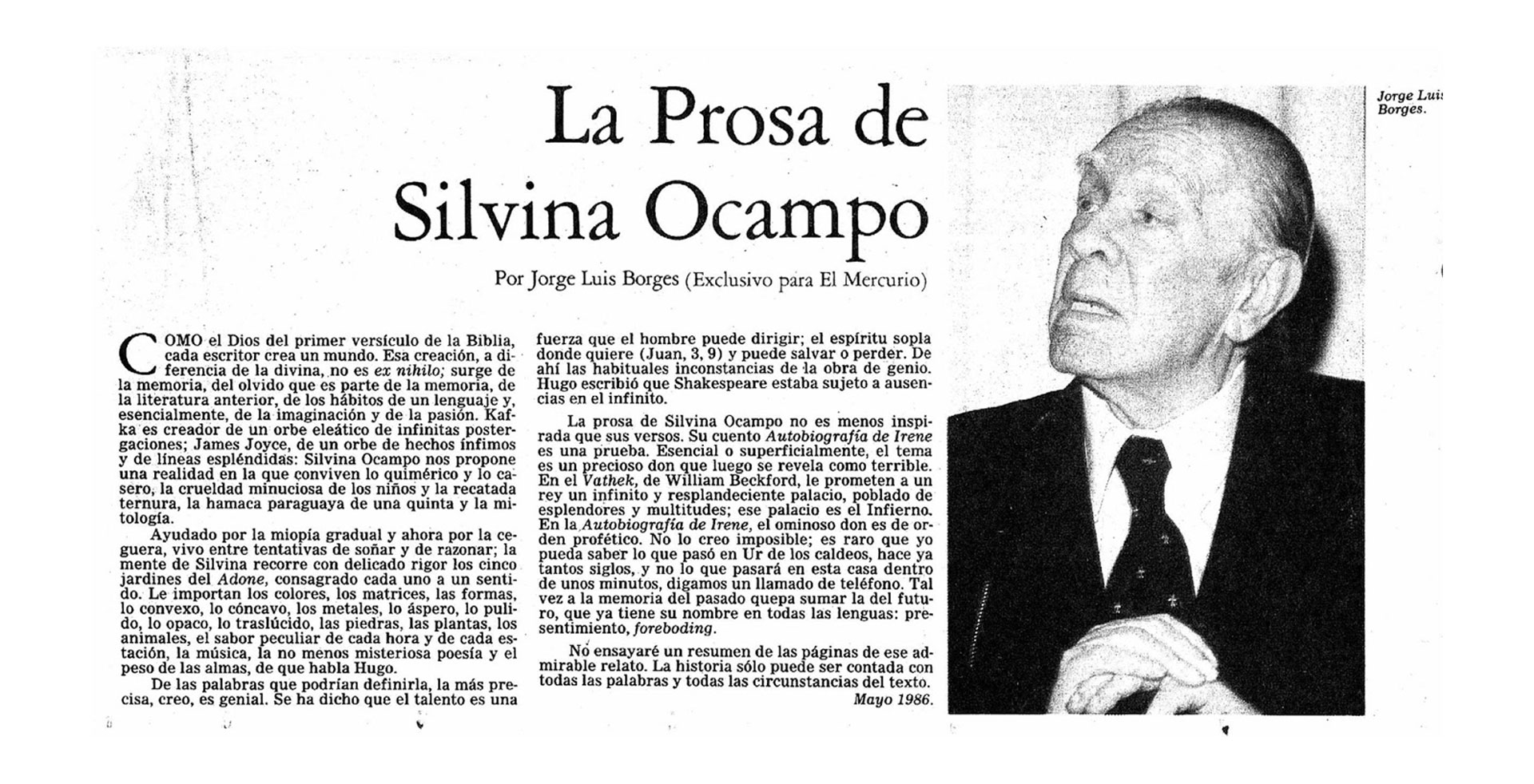 El artículo publicado por El Mercurio de Chile, donde Borges habla de la que para él era la mejor escritora argentina contemporánea: Silvina Ocampo.