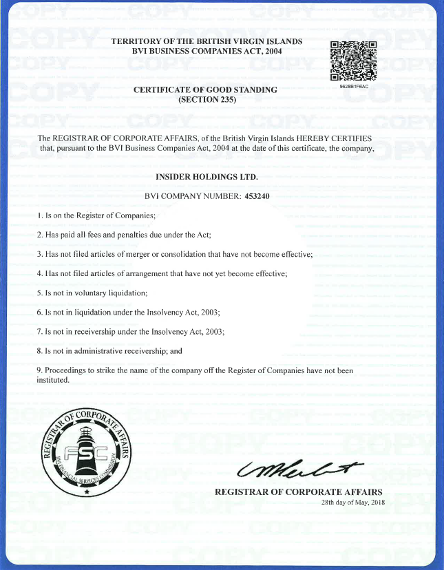 Certificado de Insider Holdings Ltd, la firma creada en 2001 en las Islas Vírgenes Británicas cuyo dueños eran Enrique Pescarmona y sus hermanas