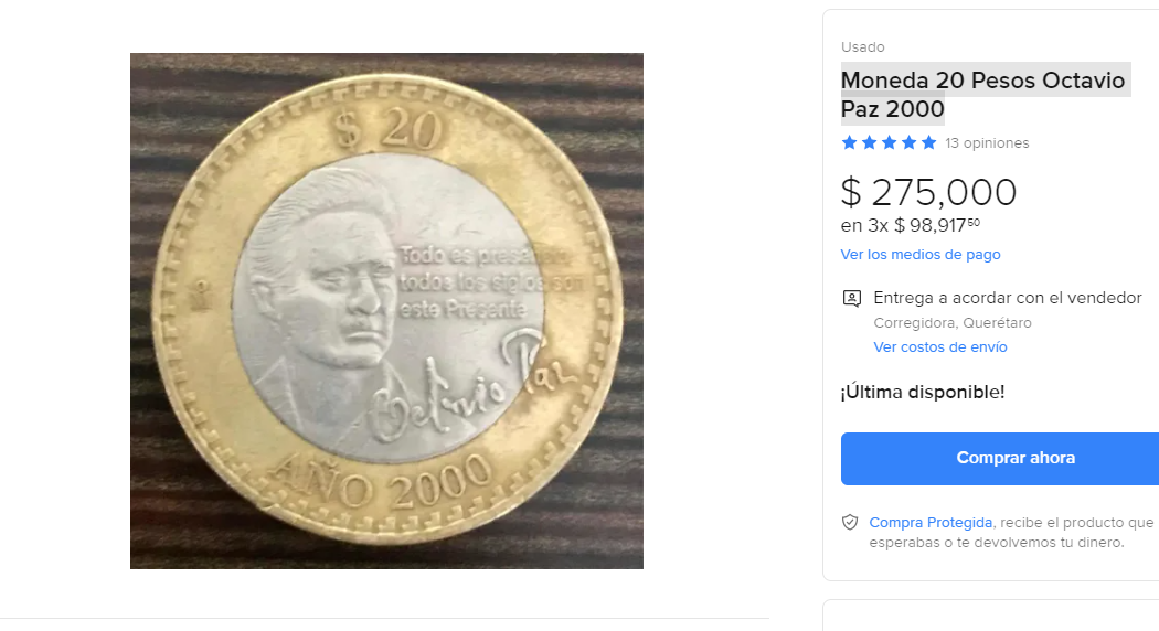 Moneda Octavio Paz. Mercado Libre