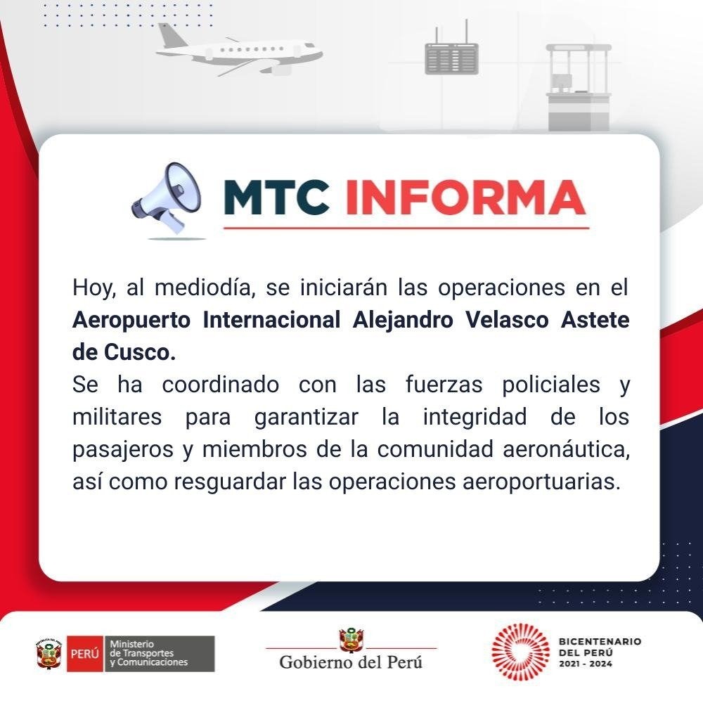 Comunicado MTC sobre aeropuerto del Cusco