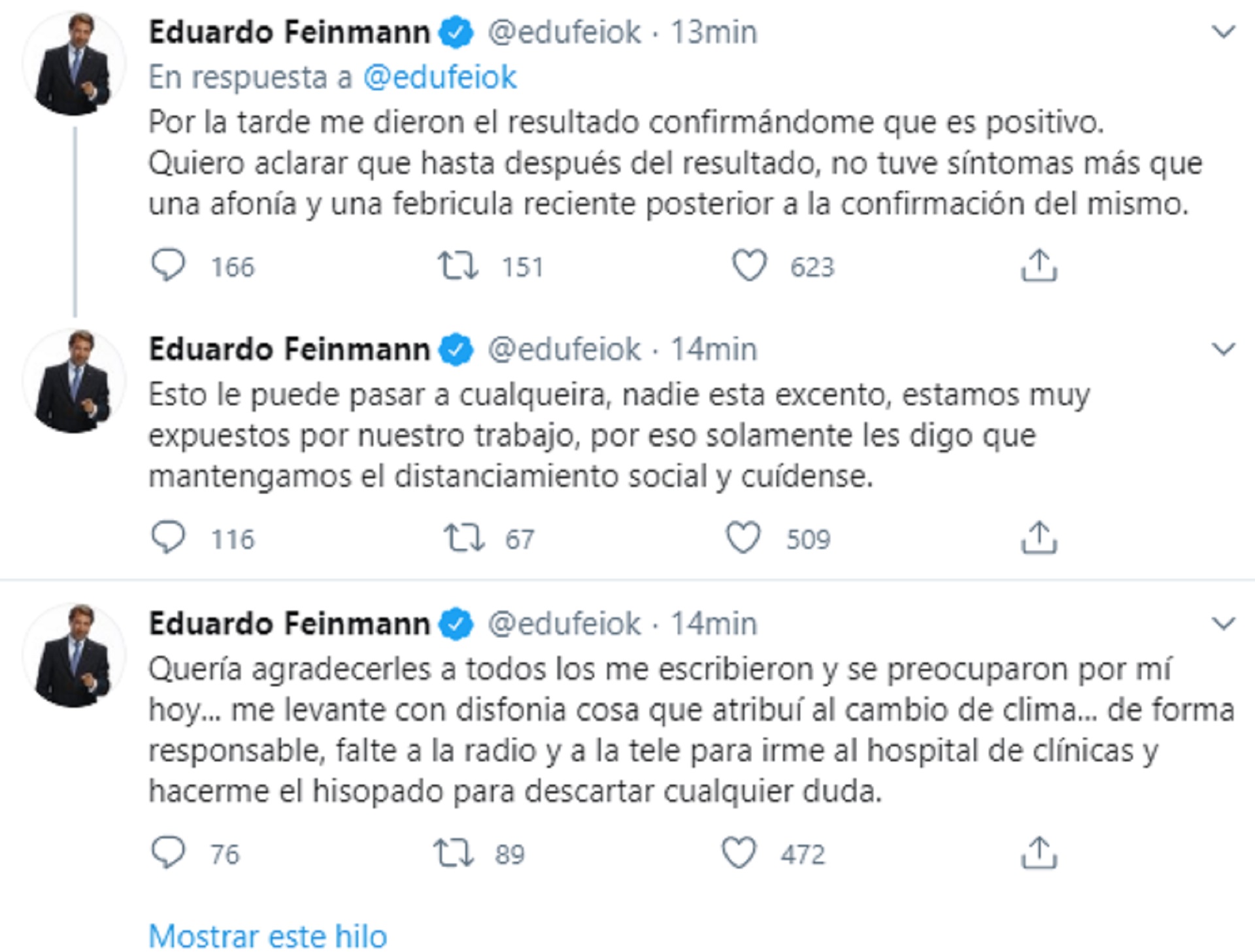 El anuncio en Twitter de Eduardo Feinmann sobre el positivo de coronavirus