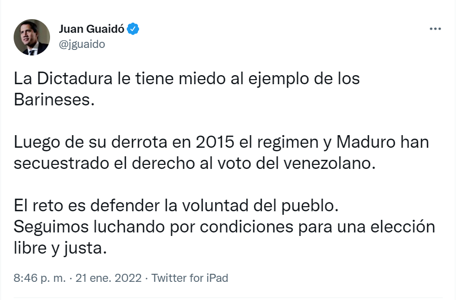 El mensaje publicado por el presidente electo Juan Guaidó
