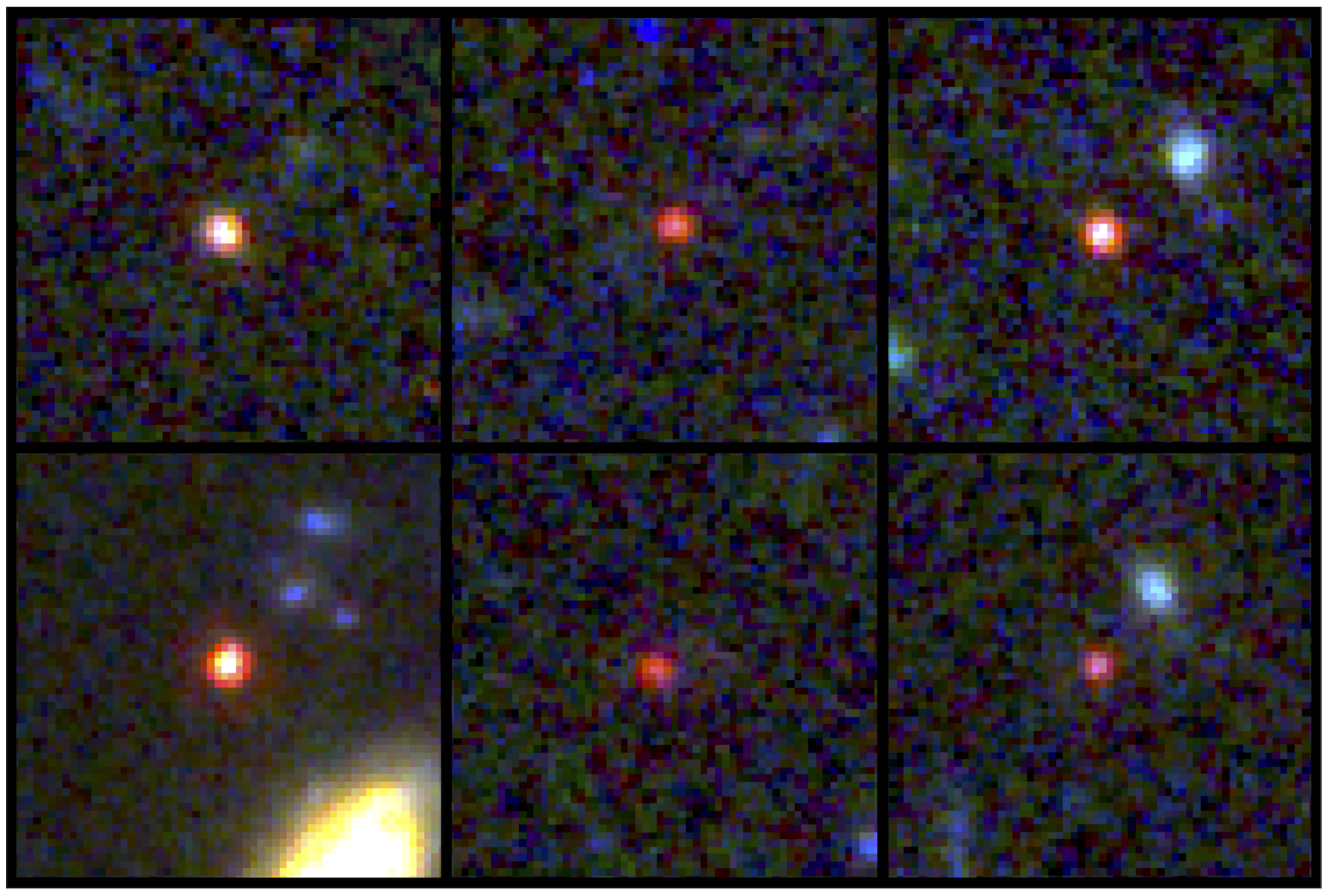 Esta imagen proporcionada por la NASA y la Agencia Espacial Europea muestra imágenes de seis galaxias masivas, vistas unos 500 u 800 millones de años luego del Big Bang. (NASA vía AP)