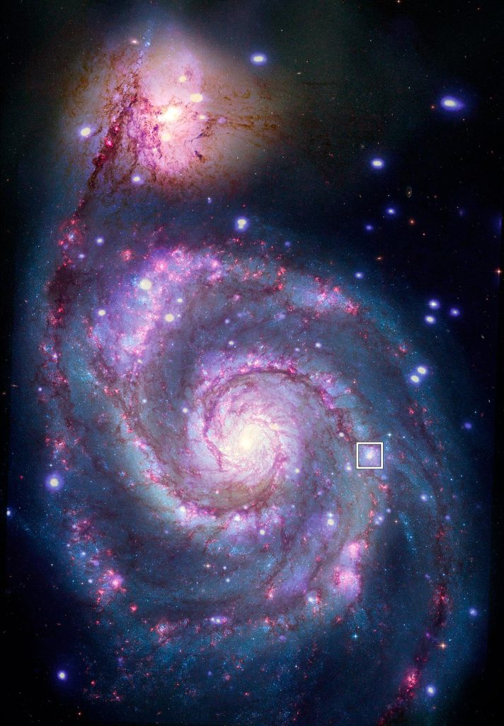 Una imagen compuesta de M51 con rayos X de Chandra y luz óptica del Telescopio Espacial Hubble de la NASA contiene una caja que marca la ubicación del posible planeta candidato. Crédito: Rayos X: NASA / CXC / SAO / R. DiStefano, et al .; Óptica: NASA / ESA / STScI / Grendler