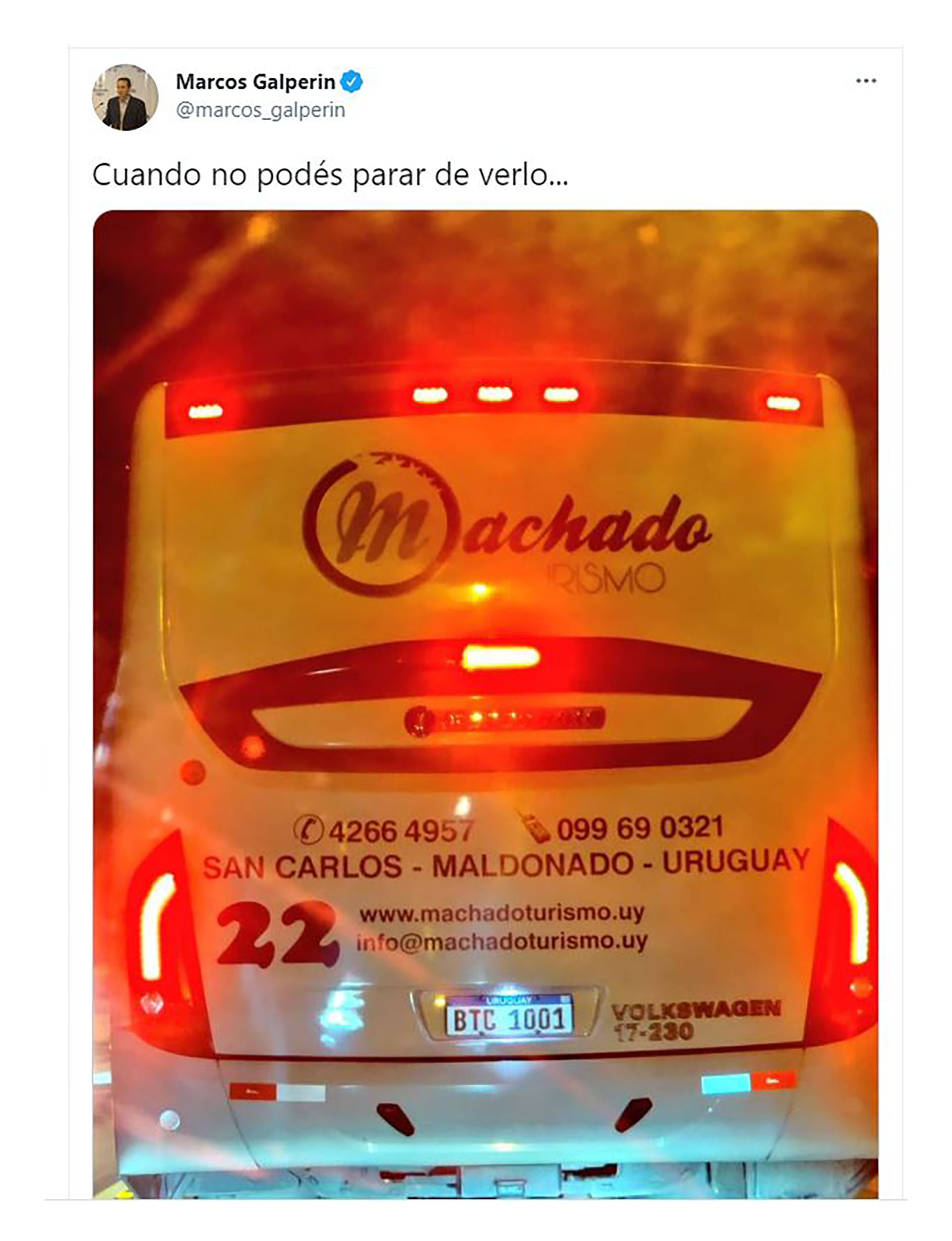 "Cuando no podés para de verlo", tuiteó Galperin días atrás y posteó en Twitter una foto de una patente uruguaya con las letras BTC, la sigla de Bitcoin. 