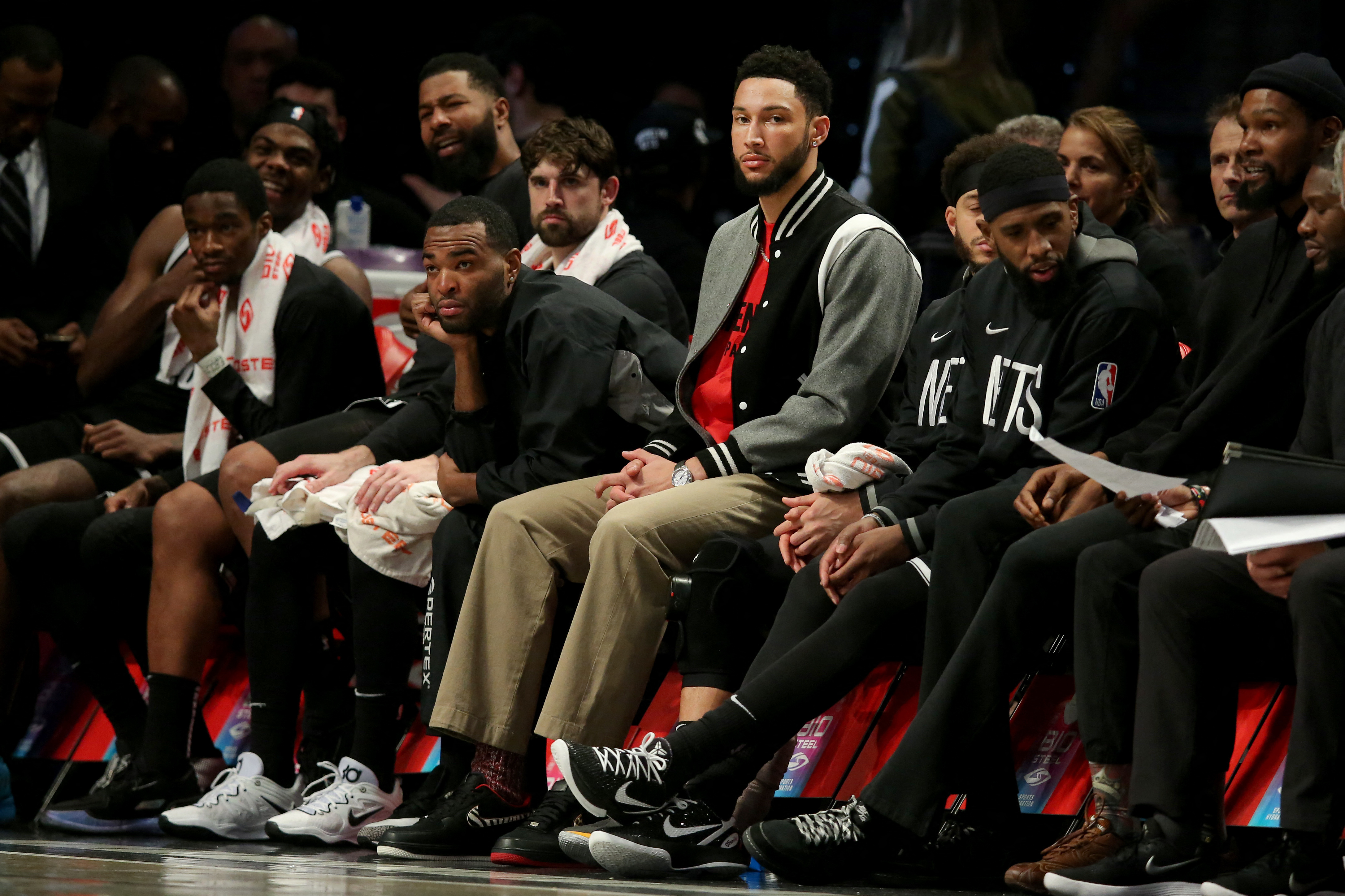 Jan 30, 2023; Brooklyn, New York, USA; Brooklyn Nets injured guard Ben Simmons (10) watches from the bench during the fourth quarter against the Los Angeles Lakers at Barclays Center. Mandatory Credit: Brad Penner-USA TODAY Sports