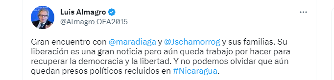 El diplomático uruguayo informó de la reunión en un mensaje desde su cuenta de Twitter, en el que señaló que la liberación de ambos es “una gran noticia pero aún queda trabajo por hacer para recuperar la democracia y la libertad”. (TWITTER)