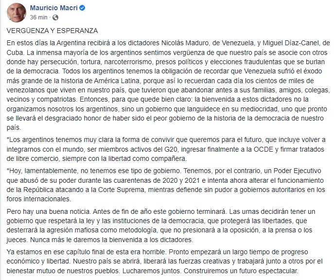 La carta completa de Mauricio Macri 
