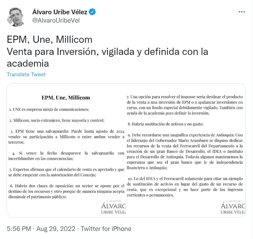 Statement by former President Álvaro Uribe on the sale of Epm shares to Une.  Photo by @AlvaroUribeVel