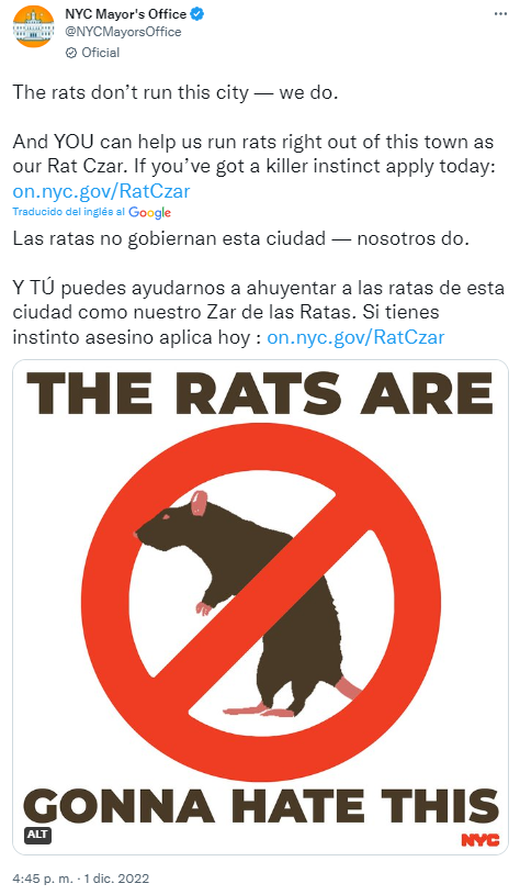 Eric Adams y la Alcaldía de Nueva York comunicaron en Twitter la búsqueda de un nuevo jefe anti ratas (Twitter: @NYCMayorsOffice)