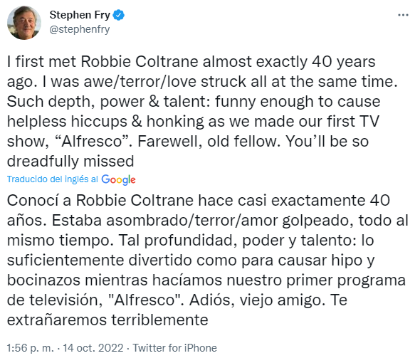 Tuit Stephen Fry tras la muerte de Robbie Coltrane (Twitter: @stephenfry)