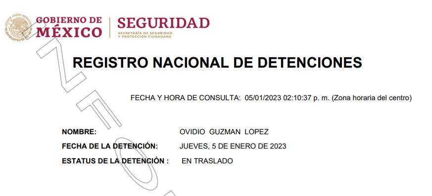 Ovidio Guzmán ya aparece en el Registro Nacional de Detenciones (SSPC)