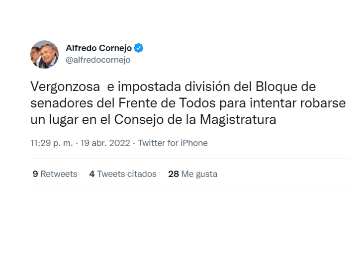 El presidente del interbloque de Juntos por el Cambio, el senador Alfredo Cornejo, no dudó en describir la situación como una jugada “para robarse un lugar en el Consejo de la Magistratura”