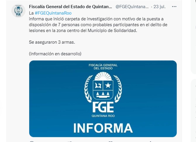 El mismo día de los hechos, la Fiscalía General del Estado (FGE) brincó información preliminar sobre las personas detenidas (Foto: Twitter / @FGEQuintanaRoo)
