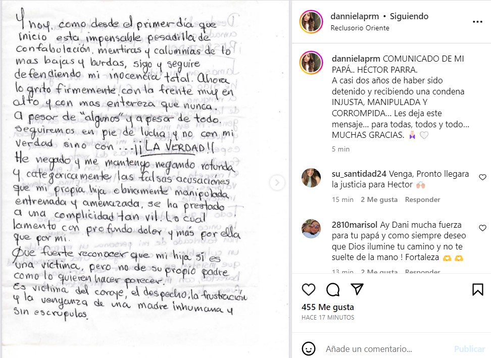 Daniela Parra, primogénita del actor, difundió la carta que escribió su padre desde prisión. (Instagram: dannielaprm)