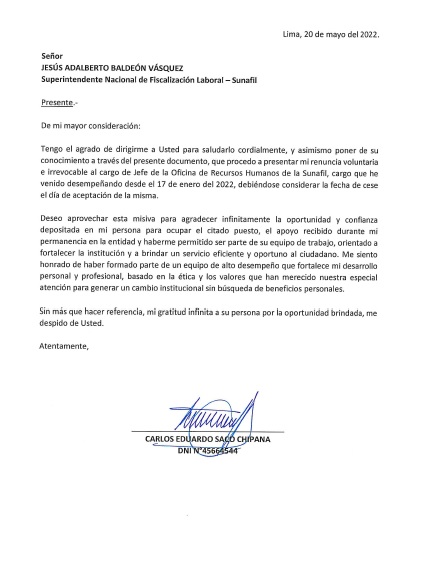 Carta de renuncia del jefe del área de Recursos Humanos de Sunafil.