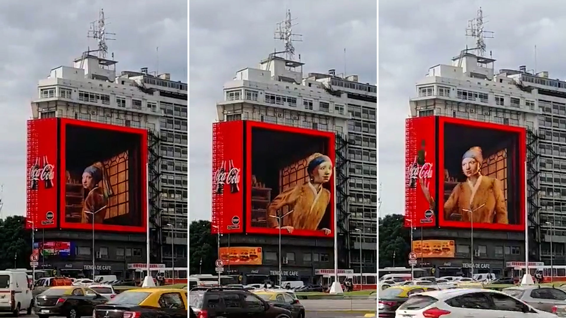 “La joven de la perla”, en una campaña publicitaria en 3D, frente al Obelisco   
