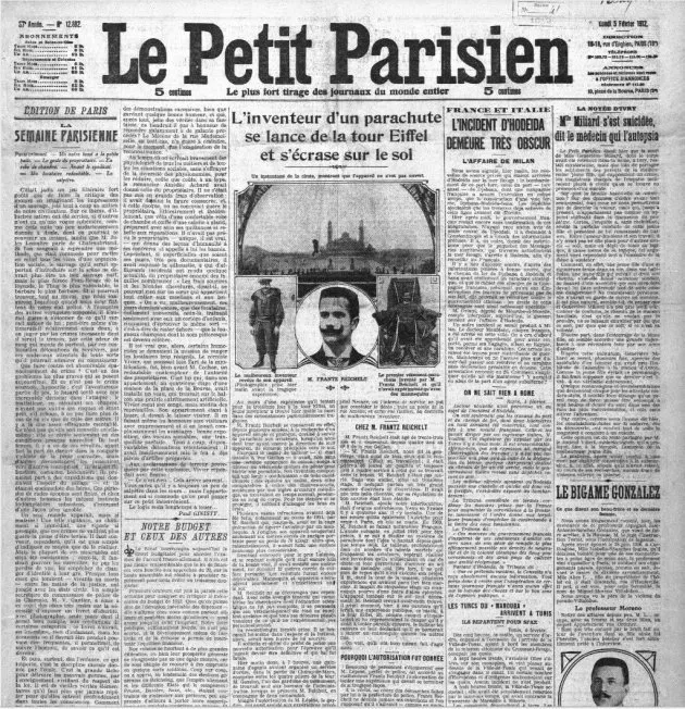 La crónica publicada por el diario Le Petit Parisien detalló que la pierna y el brazo derecho de Franz Reichelt quedaron destrozados por el impacto. Se rompió el cráneo y la columna vertebral