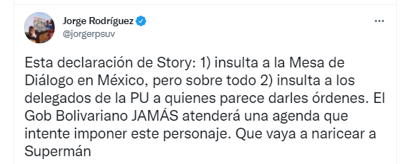 El mensaje difundido por el presidente del Parlamento chavista, Jorge Rodríguez