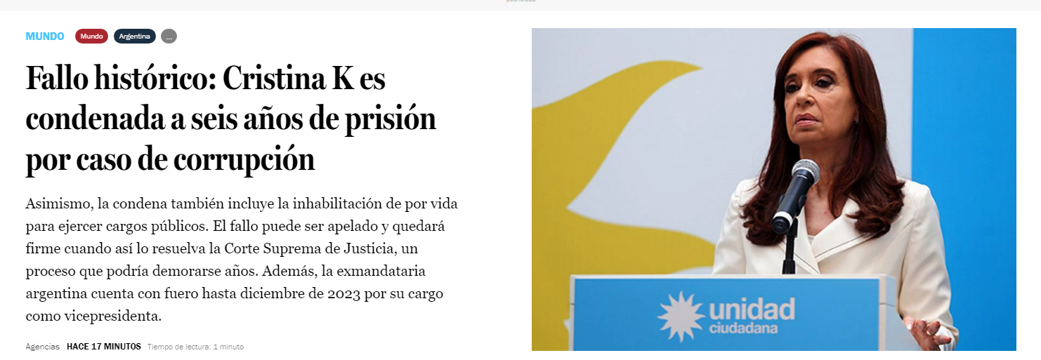 Captura de pantalla de la nota de La Tercera tras la condena de Cristina Fernández de Kirchner