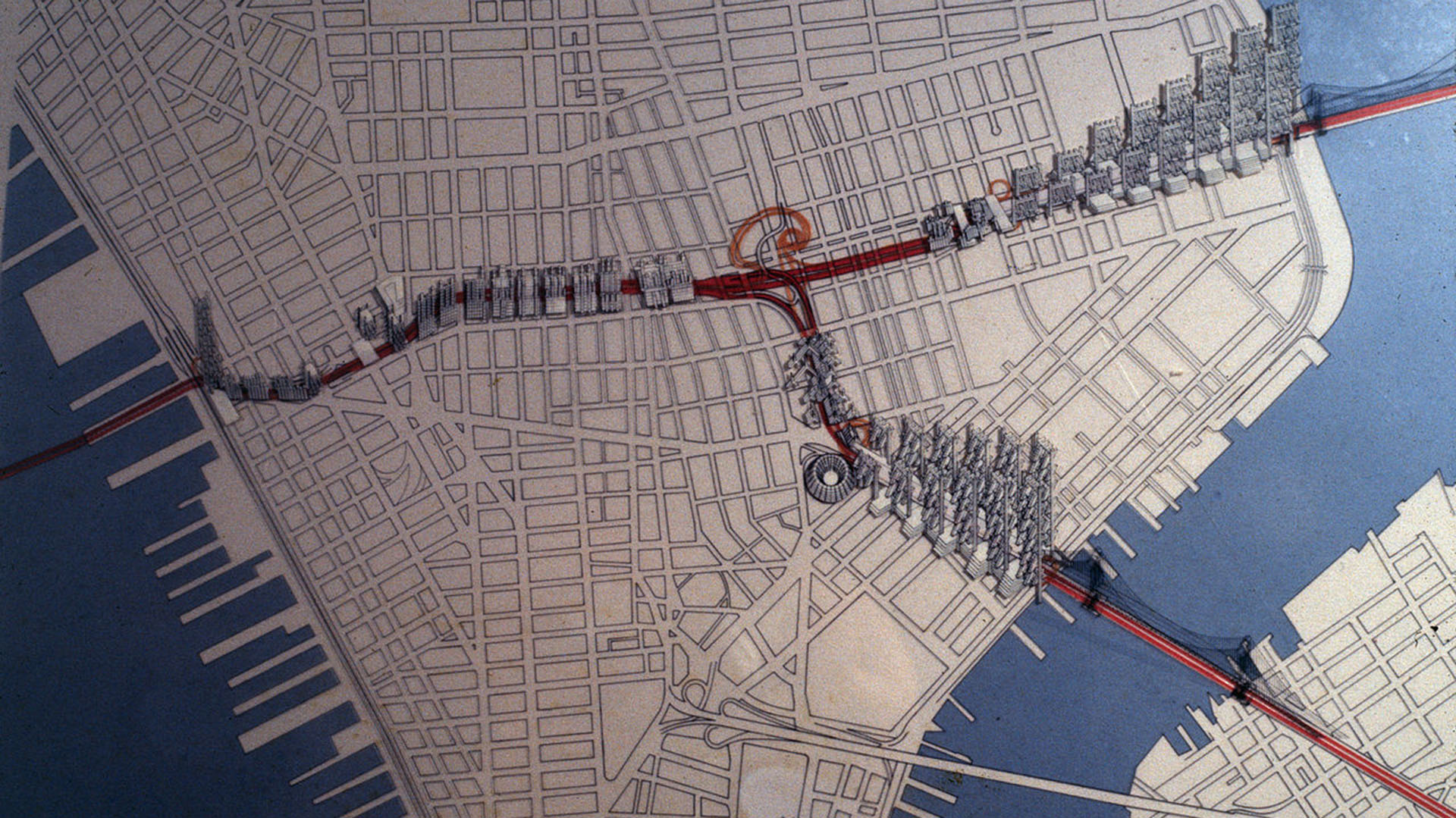 Mapa de la autopista que cruzaba el bajo Manhattan Lower Manhattan Expressway segn las ideas de Moses Foto Library of Congress  Wikimedia Commons