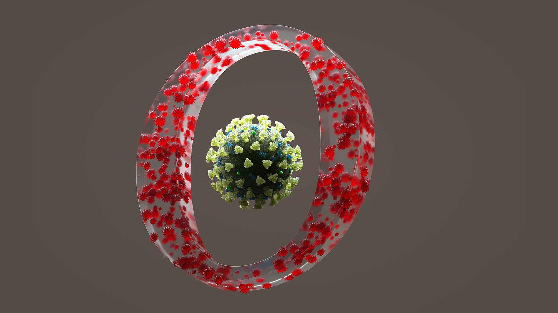 Digital generated image of COVID-19 cells organised into circular shape and made OMICRON sign with one big mutated virus cell on the middle against beige background.