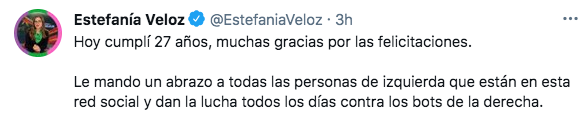 Estefanía Veloz reconoció a las personas de izquierda que "luchan todos los día contra los bots de la derecha" (Foto: Twitter@EstefaniaVeloz)