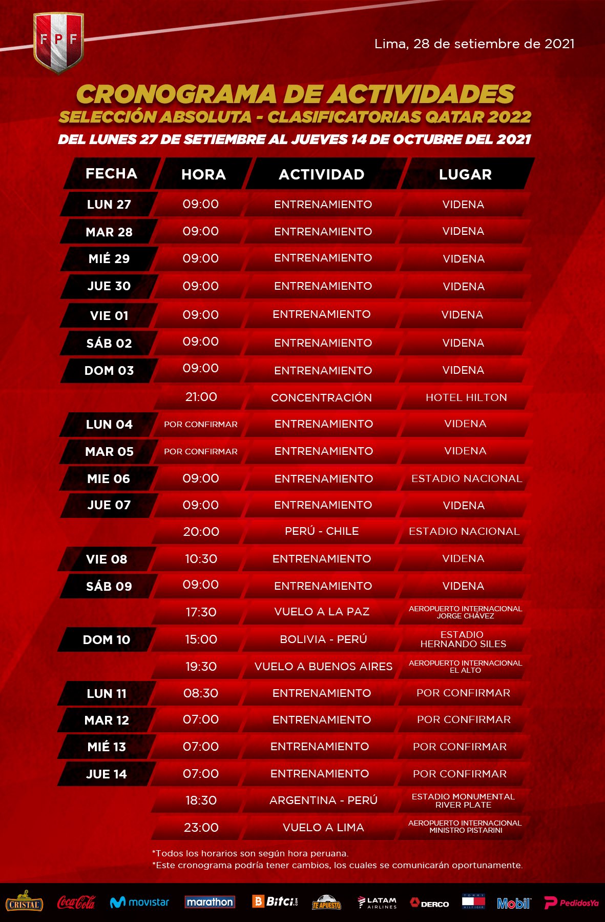 Cronograma de actividades de la selección peruana en esta fecha triple de Eliminatorias.