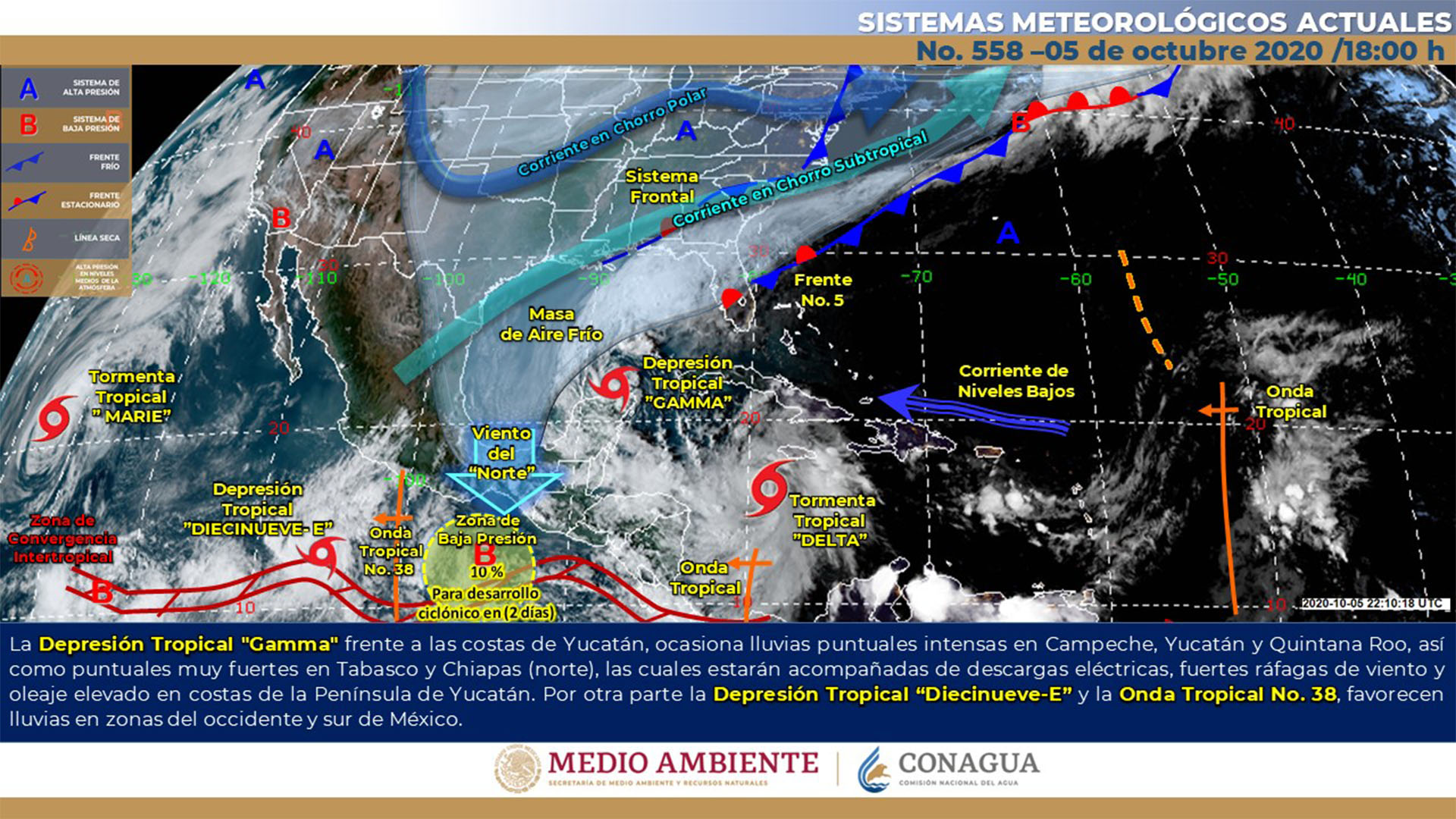 La depresión tropical Gamma provocará lluvias en la Península de Yucatán, Tabasco y Chiapas esta noche (Foto: Twitter@conagua_clima)