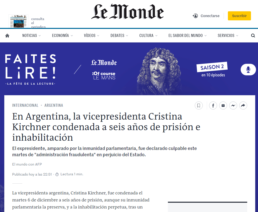 Le Monde ante la condena de Cristina Fernández de Kirchner